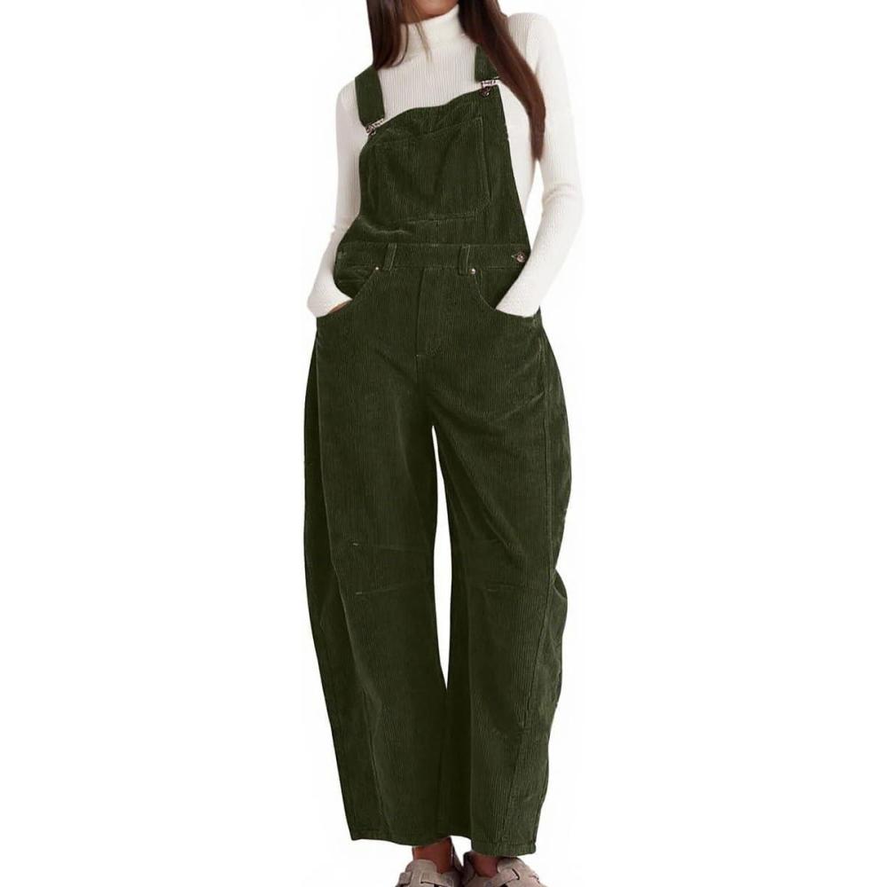 imagechouyatou Womens Fall Winter Corduroy Overalls Boyfriend Adjustable Strap Bib Jumpsuit Barrel Harem PantsGreen