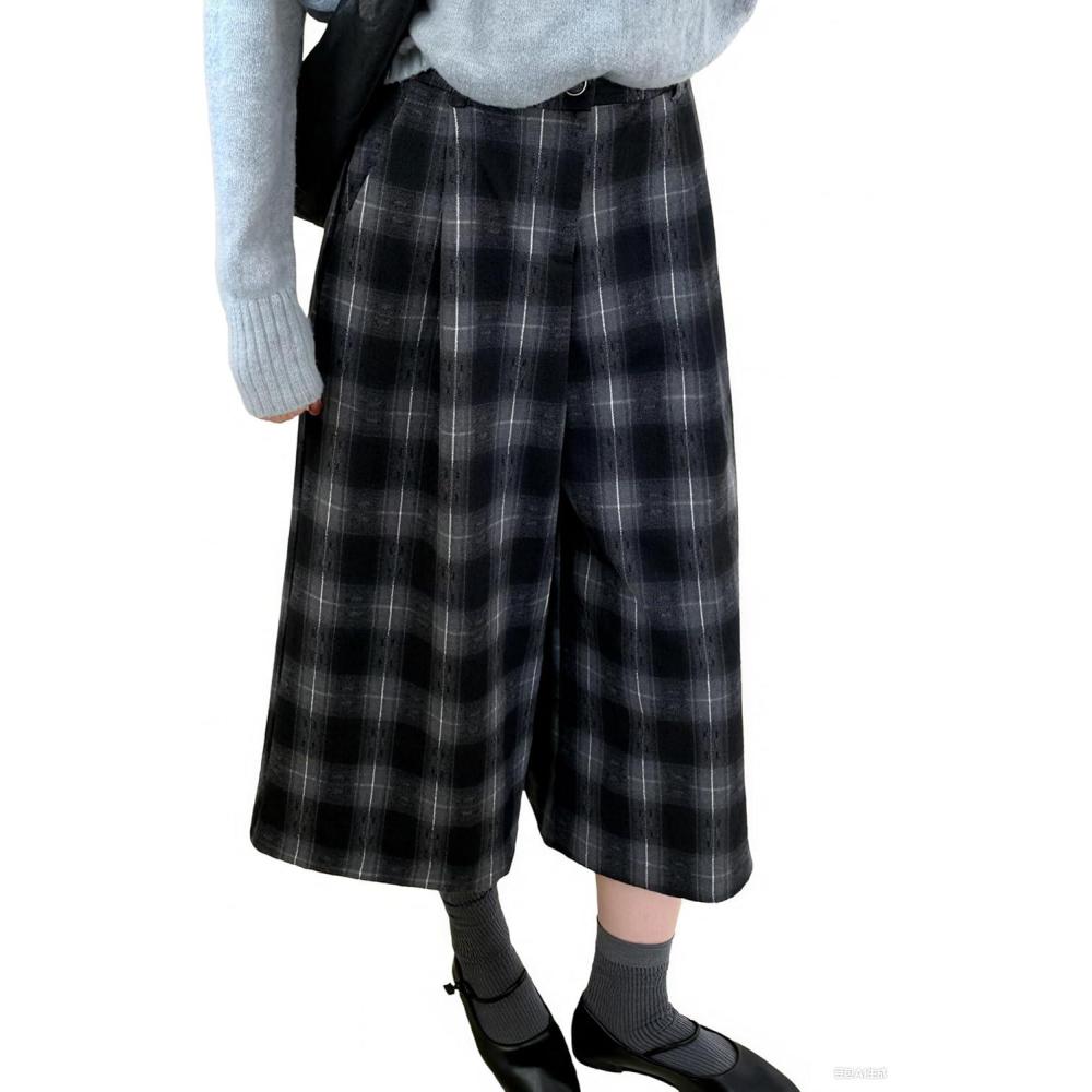 imagechouyatou Womens Fall Winter Plaid Wool Culottes Capri Cropped Pants Elastic Wide Leg Palazzo TrouserBlack
