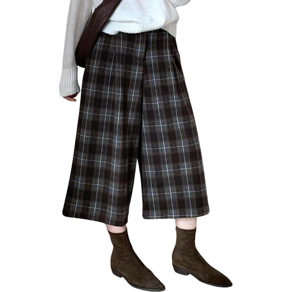 imagechouyatou Womens Fall Winter Plaid Wool Culottes Capri Cropped Pants Elastic Wide Leg Palazzo TrouserBrown