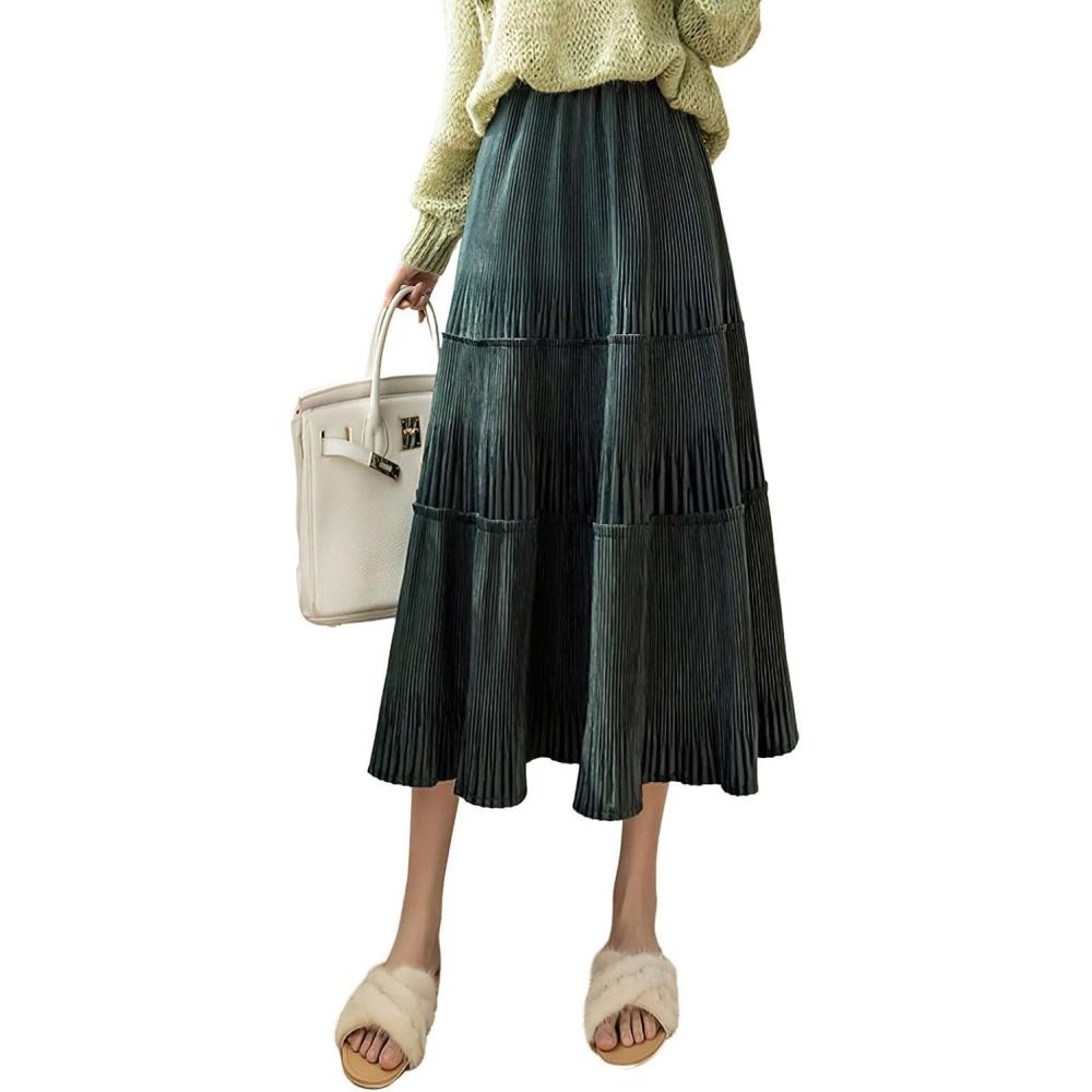 imagechouyatou Womens Fall Winter Velvet Ruffle Hem Skirt High Elastic Waist Pleated Swing Midi Long SkirtBlackish Green