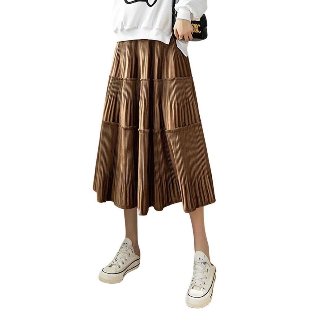 imagechouyatou Womens Fall Winter Velvet Ruffle Hem Skirt High Elastic Waist Pleated Swing Midi Long SkirtBrown