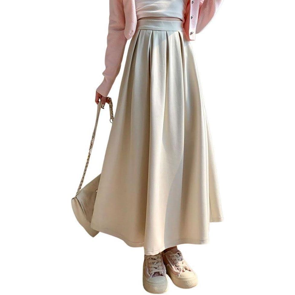 imagechouyatou Womens Fall Winter Wool Pleated A Line Skirt Casual High Waisted Swing Wool Blend Midi Long SkirtBeige White