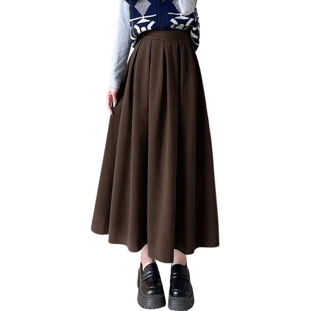 imagechouyatou Womens Fall Winter Wool Pleated A Line Skirt Casual High Waisted Swing Wool Blend Midi Long SkirtCoffee Brown
