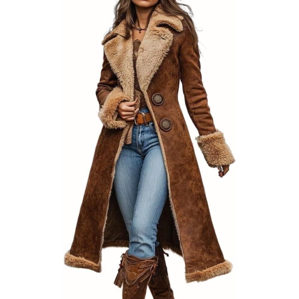 imagechouyatou Womens Faux Suede Sherpa Lined Midi Long Jacket Fleece Notch Lapel Winter Trench CoatBrown