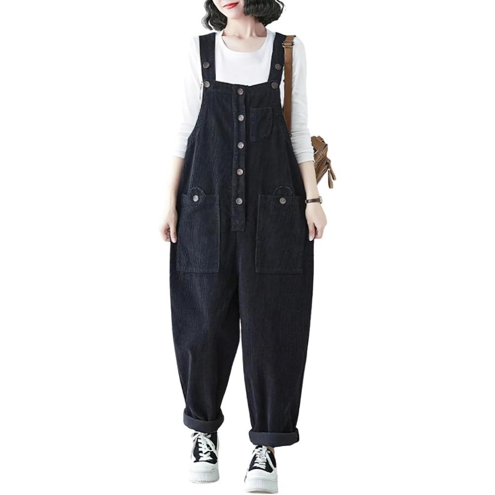 imagechouyatou Womens Harem Corduroy Overall Pants Wide Leg Adjustable Strap Baggy One Piece JumpsuitsBlack