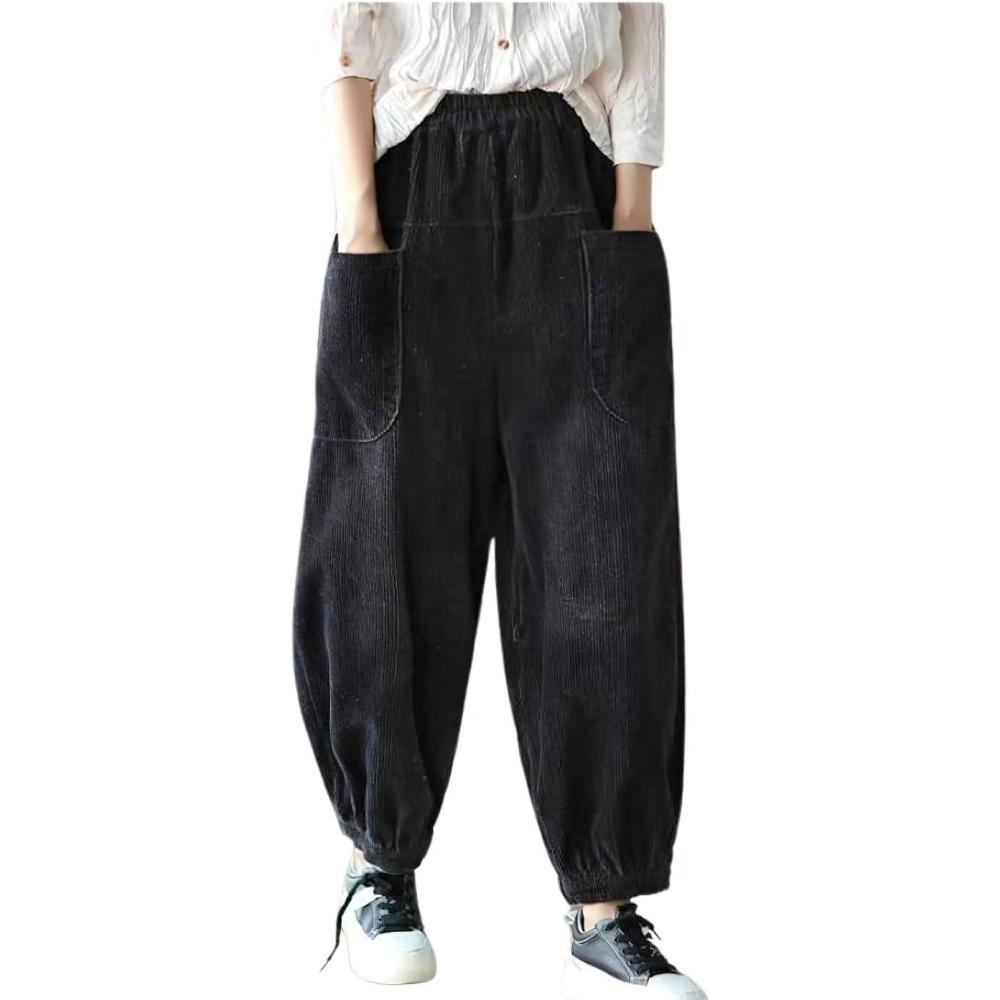 imagechouyatou Womens Harem Loose Corduroy Pants Elastic High Waisted Straight Wide Leg Trouser with PocketsBlack