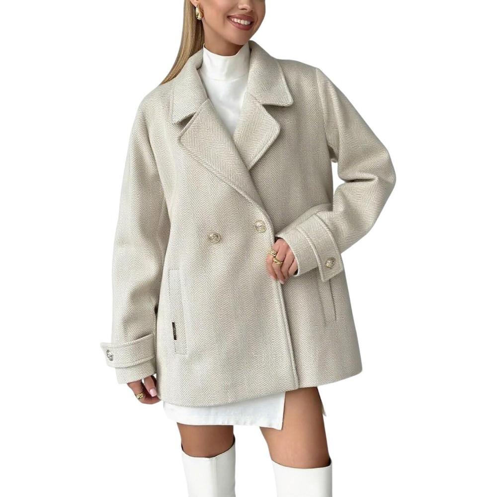 imagechouyatou Womens Herringbone Double Breasted Wool Coat Notched Lapel Work Casual Wool Blend Trench Pea Coat JacketApricot