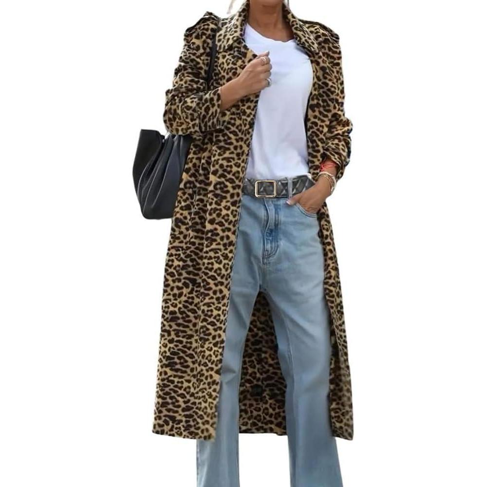 imagechouyatou Womens Leopard Print Faux Suede Coat Open Front Notch Lapel Midi Long Winter Trench CoatLeopard