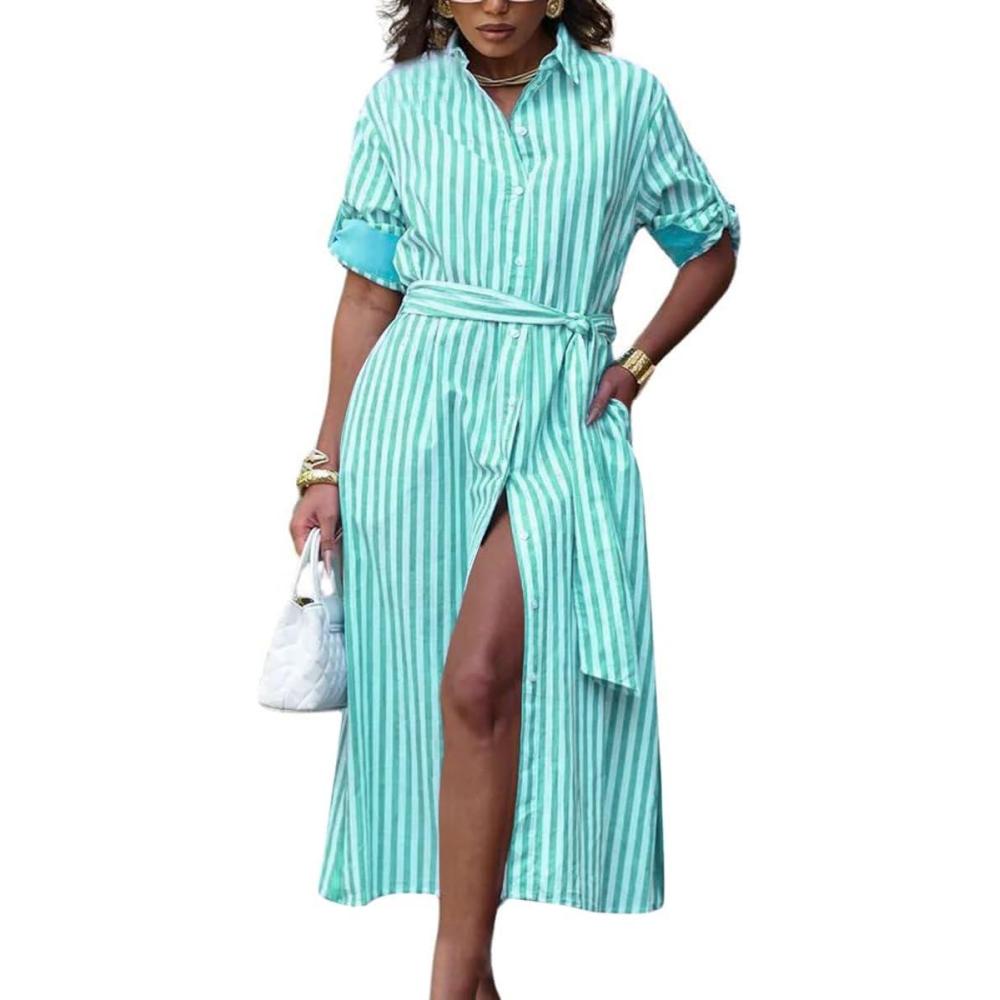 imagechouyatou Womens Long Sleeve Striped Shirt Dress Casual Button Down Midi Long Beach Dress with BeltGreen