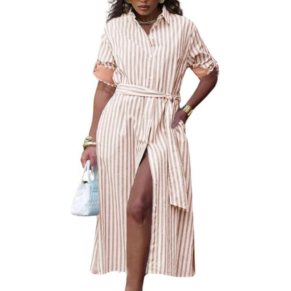 imagechouyatou Womens Long Sleeve Striped Shirt Dress Casual Button Down Midi Long Beach Dress with BeltKhaki