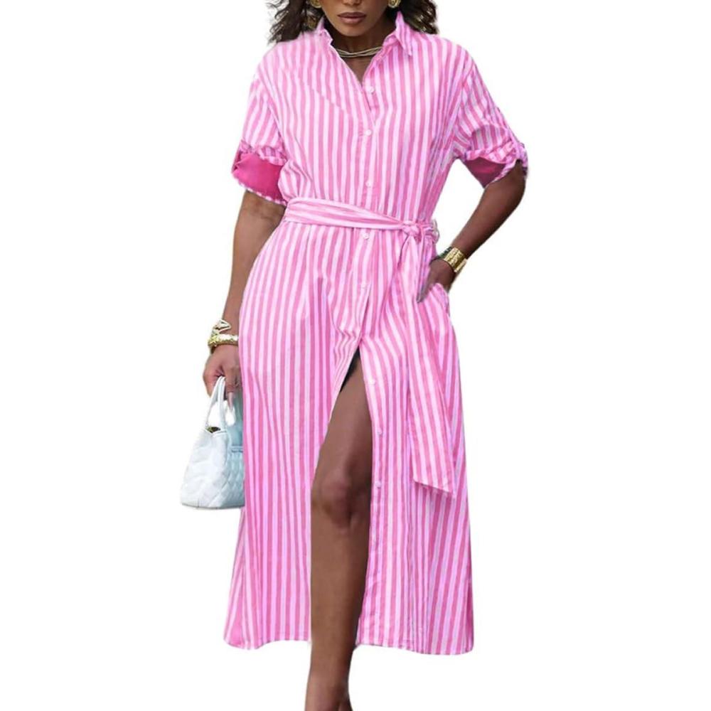 imagechouyatou Womens Long Sleeve Striped Shirt Dress Casual Button Down Midi Long Beach Dress with BeltPink