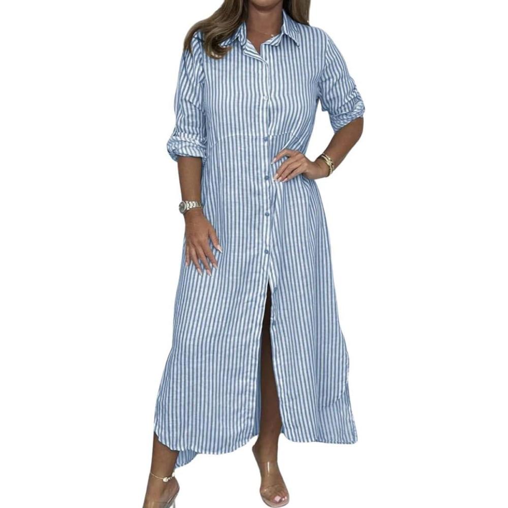 imagechouyatou Womens Long Sleeve Striped Shirt Dress Casual Loose Button Down Maxi Long Tunic DressBlue