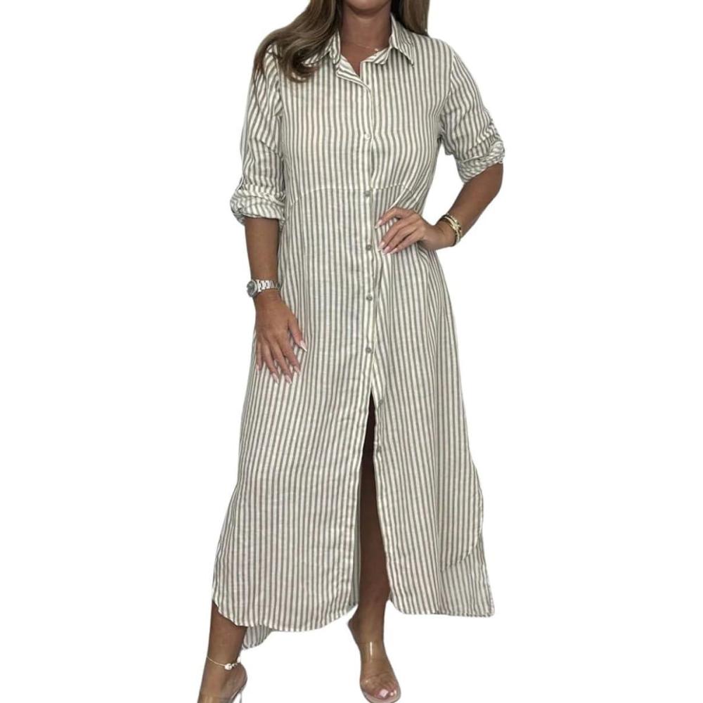 imagechouyatou Womens Long Sleeve Striped Shirt Dress Casual Loose Button Down Maxi Long Tunic DressLight Khaki