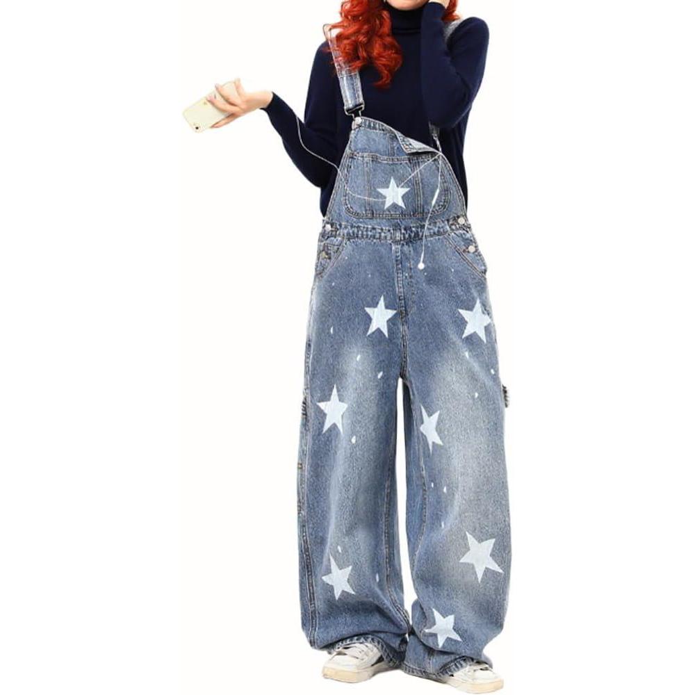 imagechouyatou Womens Loose Adjustable Strap Denim Bib Overall Distressed Star Pattern Barrel Leg Jeans JumpsuitBlue