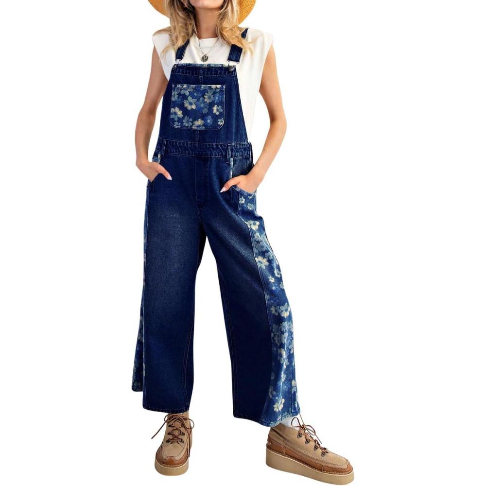 imagechouyatou Womens Loose Adjustable Strap Denim Bib Overall Floral Wide Leg Cropped Jeans JumpsuitDark Blue