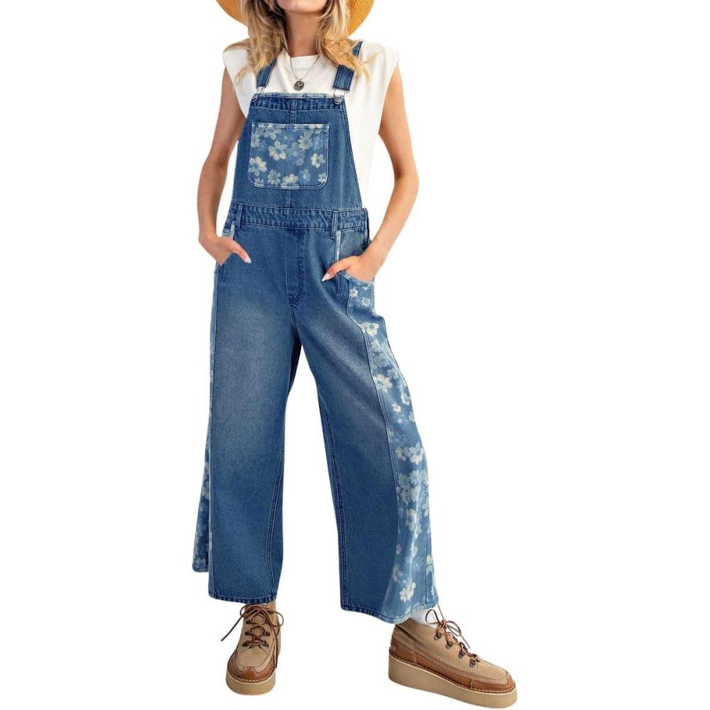 imagechouyatou Womens Loose Adjustable Strap Denim Bib Overall Floral Wide Leg Cropped Jeans JumpsuitDenim Blue