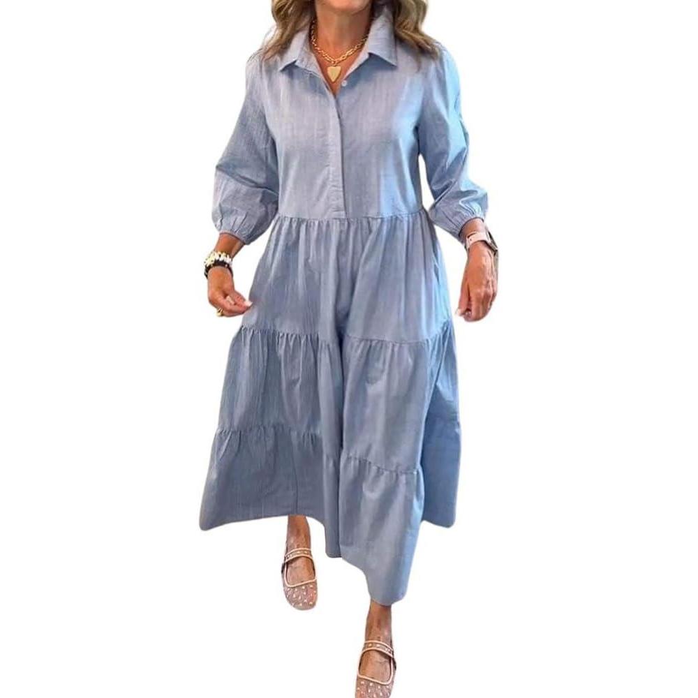 imagechouyatou Womens Loose Fit Puff Sleeve Maxi Tiered Babydoll Dress VNeck Cotton Long Button Down DressBlue