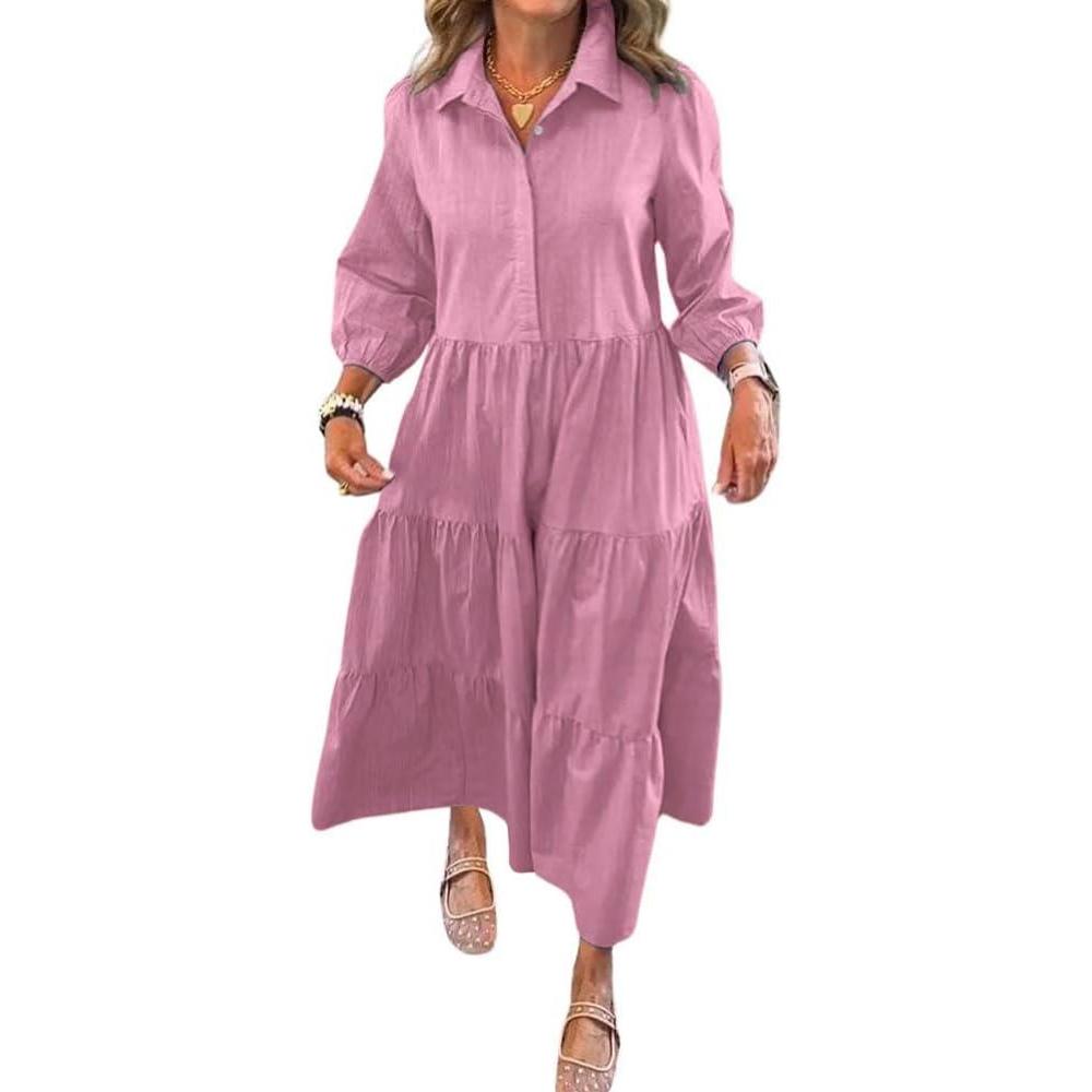 imagechouyatou Womens Loose Fit Puff Sleeve Maxi Tiered Babydoll Dress VNeck Cotton Long Button Down DressPurple