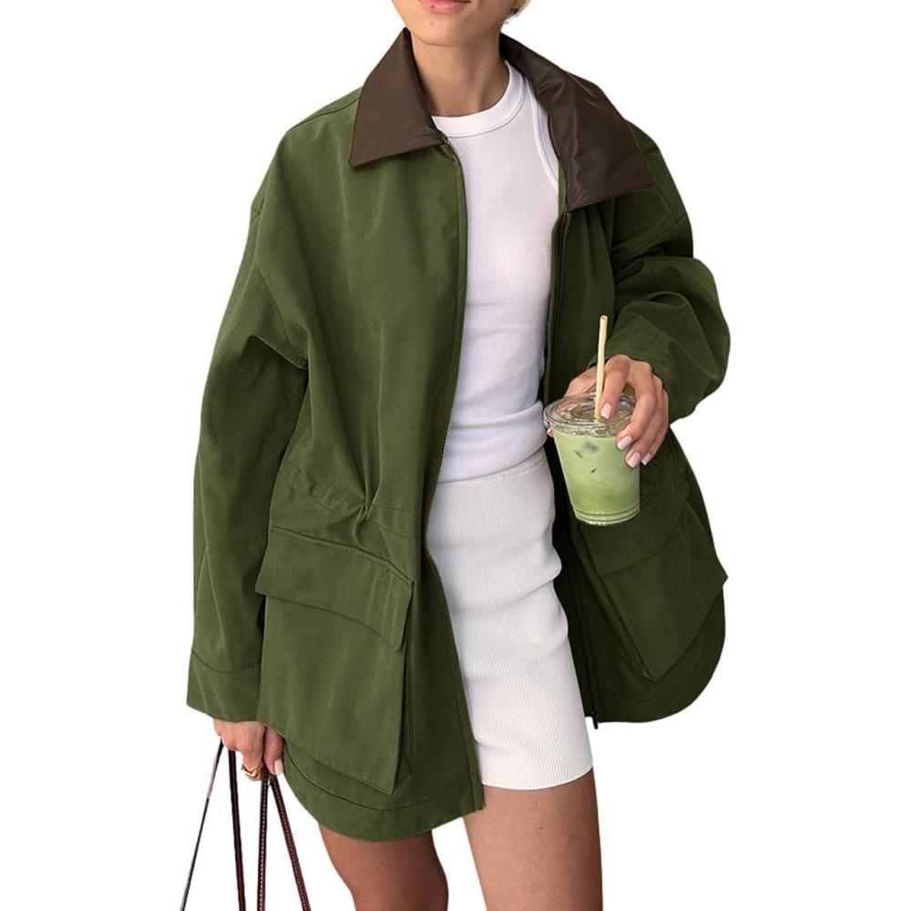 imagechouyatou Womens Oversized Fall Barn Jacket Lightweight Zip Up Cotton Utility Jacket Casual Trench CoatArmy Green