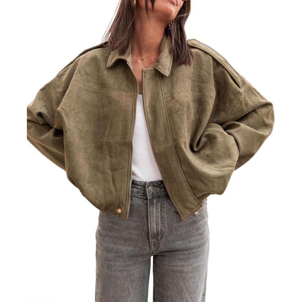 imagechouyatou Womens Oversized Faux Leather Suede Bomber Jacket Boyfriend Motorcycle Zip Up Jacket ShacketsArmy Green