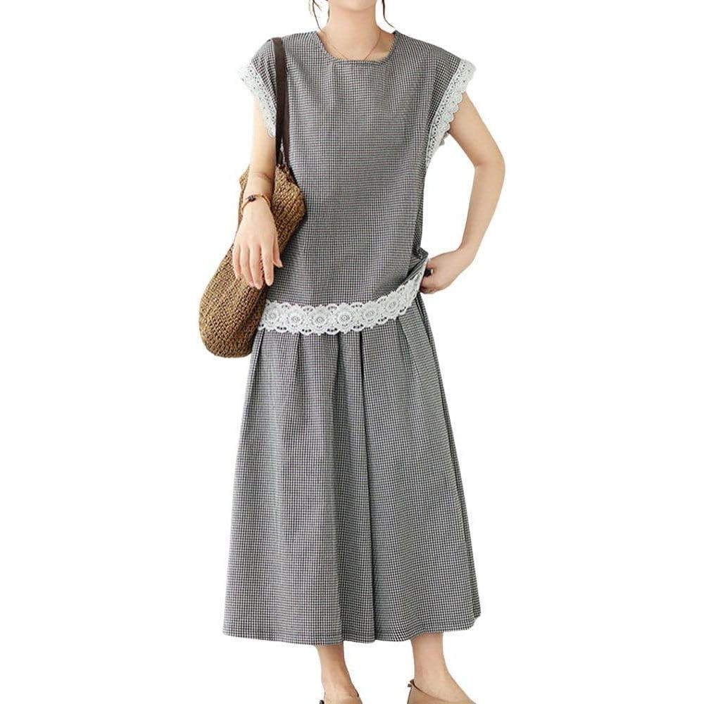 imagechouyatou Womens Plaid Cotton Linen 2 Piece Outfits Contrast Lace Tank Top Wide Leg Capri Culotte Pants Matching SetPlaid Black