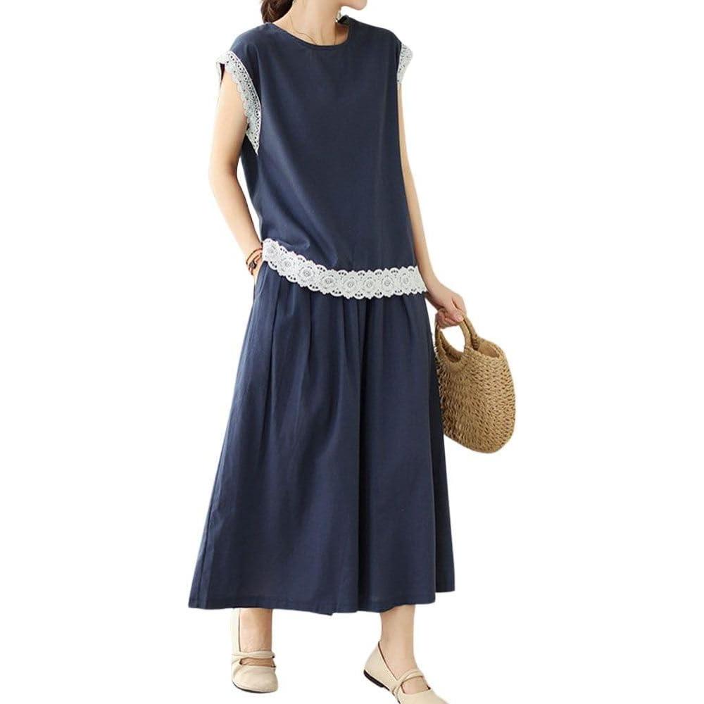 imagechouyatou Womens Plaid Cotton Linen 2 Piece Outfits Contrast Lace Tank Top Wide Leg Capri Culotte Pants Matching SetSolid Navy