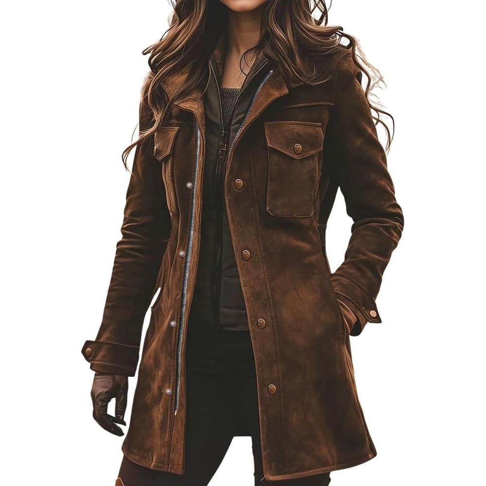 imagechouyatou Womens Retro Faux Suede Leather Jacket Zip Up Military Utility Safari Jacket Midi Long ShacketBrown