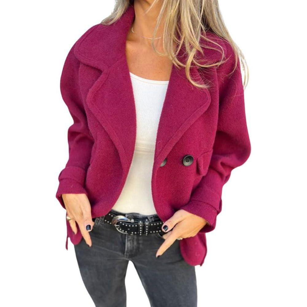 imagechouyatou Womens Retro Lapel Double Breasted Wool Coat Business Casual Wool Blend Pea Coat OvercoatDark Red