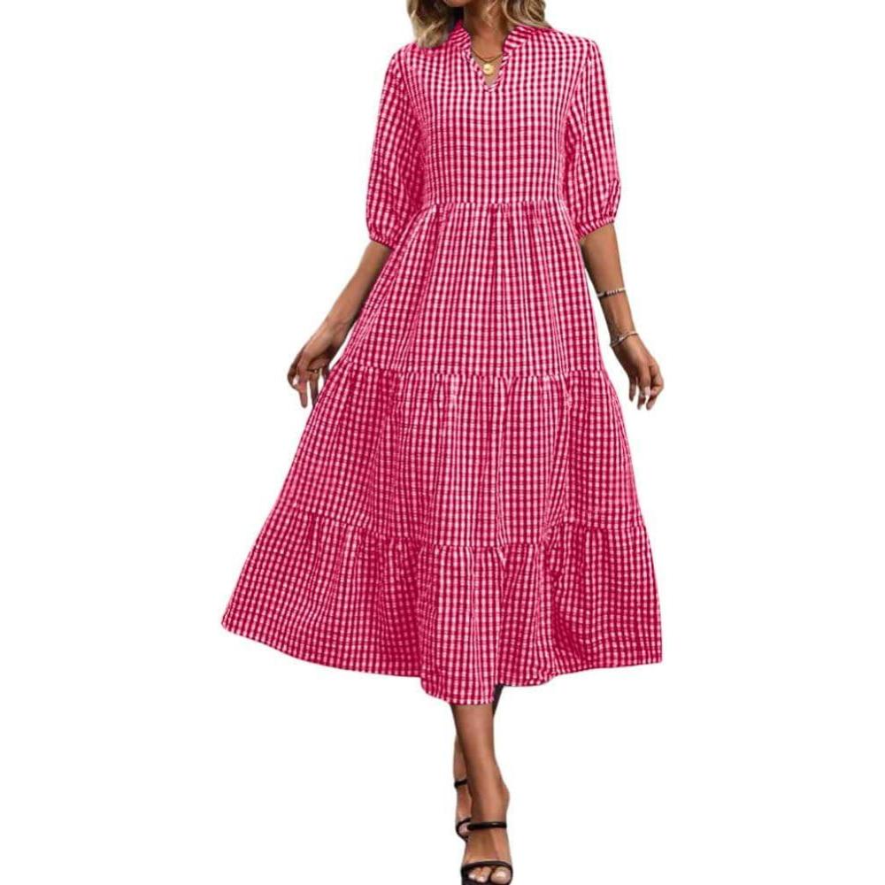 imagechouyatou Womens Retro Plaid Ruffle Hem Dress Puff Lantern Sleeve Notch Neck Gingham Tiered Midi Long DressRed