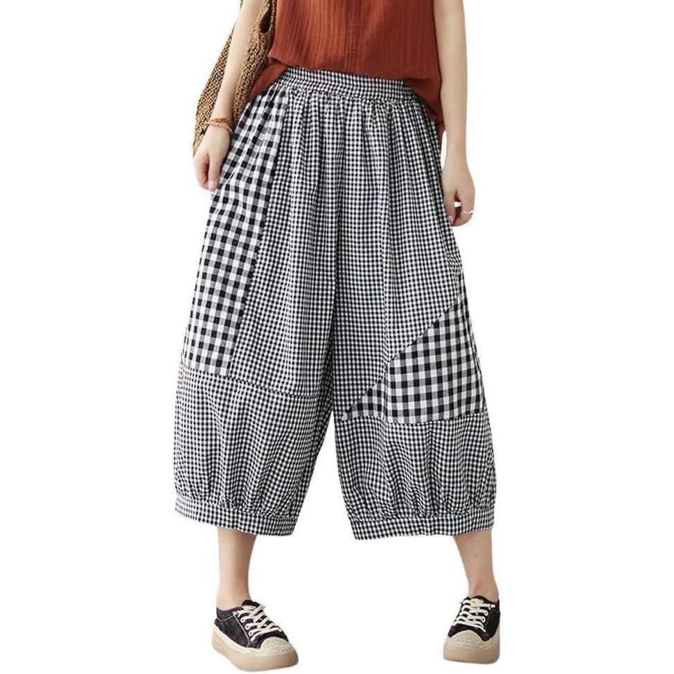 imagechouyatou Womens Retro Plaid Wide Leg Cropped Pants Elastic Waist Capri Harem Pants with PocketsBlack