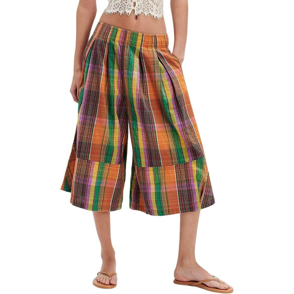 imagechouyatou Womens Retro Plaid Wide Leg Cropped Pants Y2k Baggy Culottes Capri Palazzo Pants with PocketsOrange