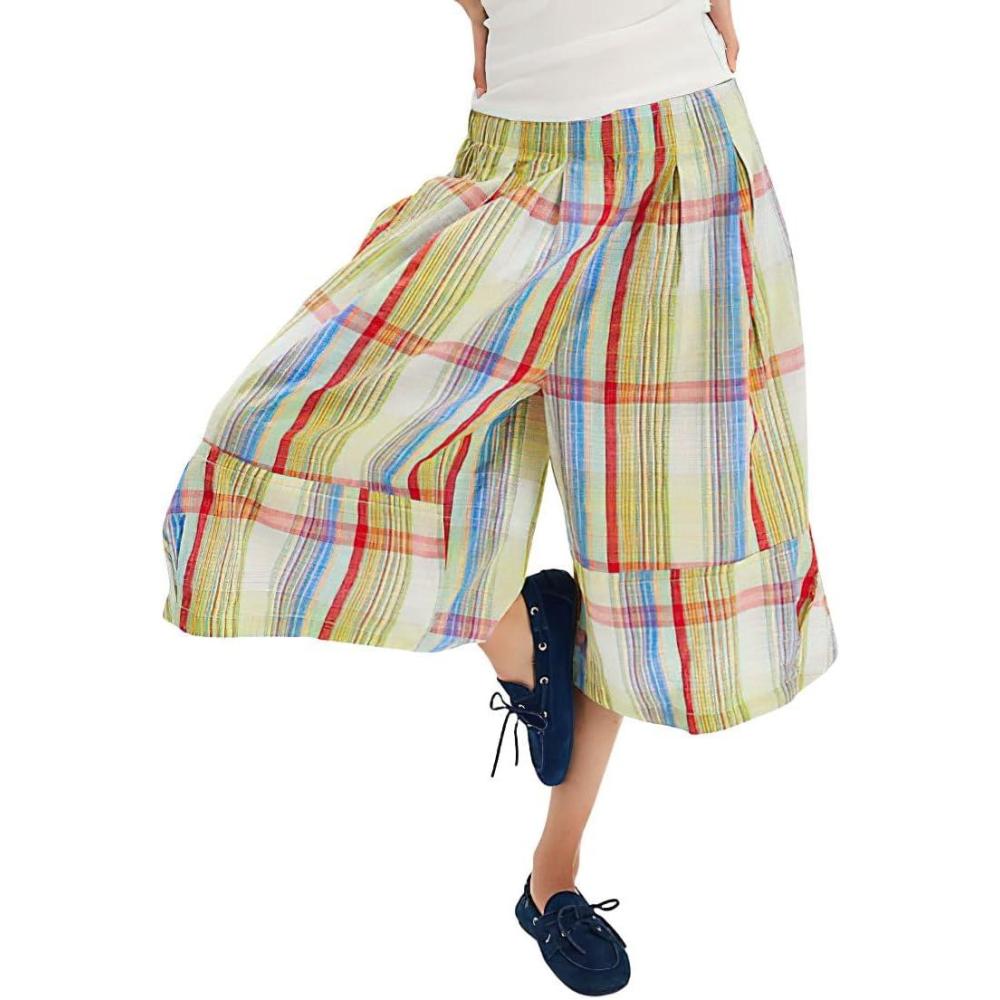 imagechouyatou Womens Retro Plaid Wide Leg Cropped Pants Y2k Baggy Culottes Capri Palazzo Pants with PocketsYellow