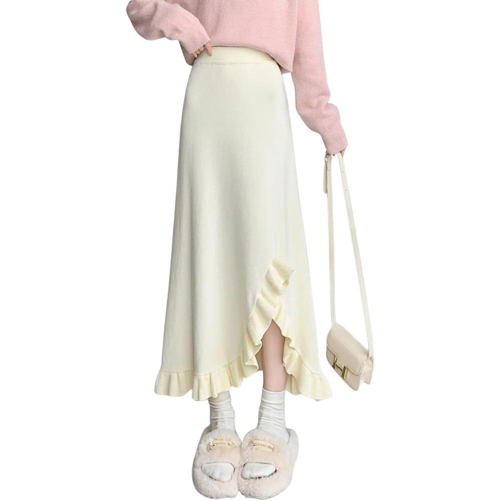 imagechouyatou Womens Sexy Mermaid Ruffle Hem Skirt Elastic Waist High Low Midi Long Knitted SkirtApricot