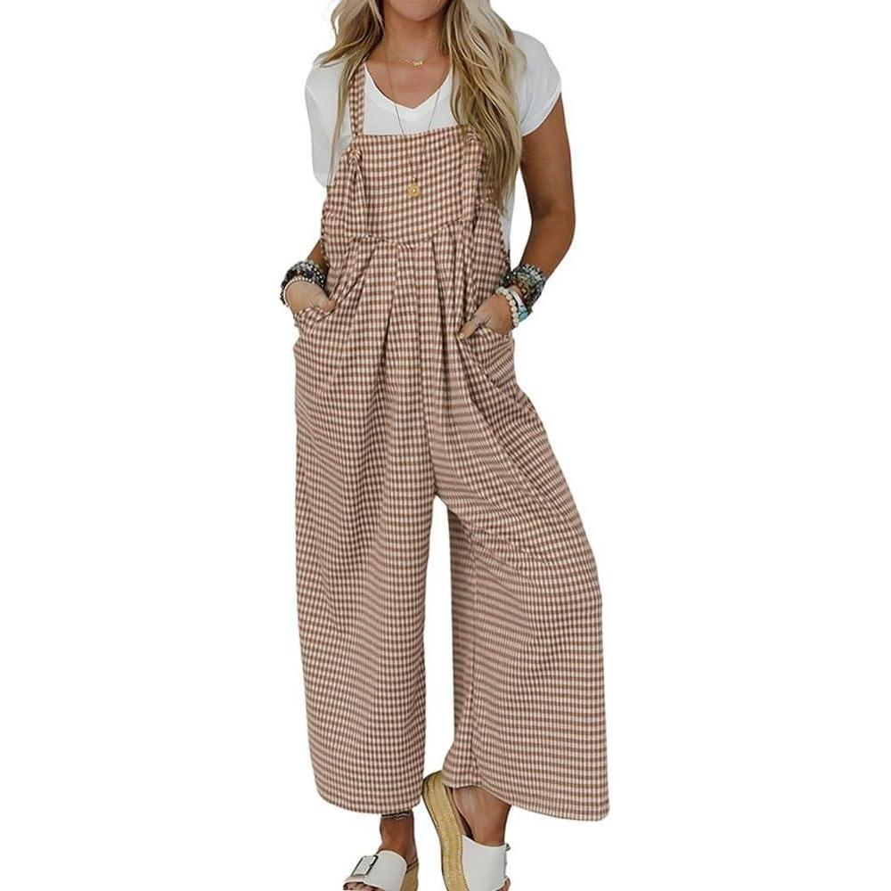 imagechouyatou Womens Sleeveless Plaid Wide Leg Bib Overall Casual Loose Gingham Jumpsuits with PocketsCoffee