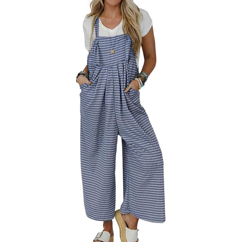 imagechouyatou Womens Sleeveless Plaid Wide Leg Bib Overall Casual Loose Gingham Jumpsuits with PocketsNavy Blue