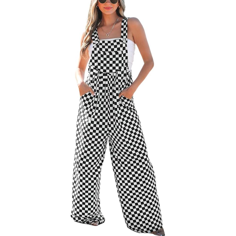 imagechouyatou Womens Sleeveless Plaid Wide Leg Palazzo Overall Checker Boho Bib Jumpsuits with PocketsBlack