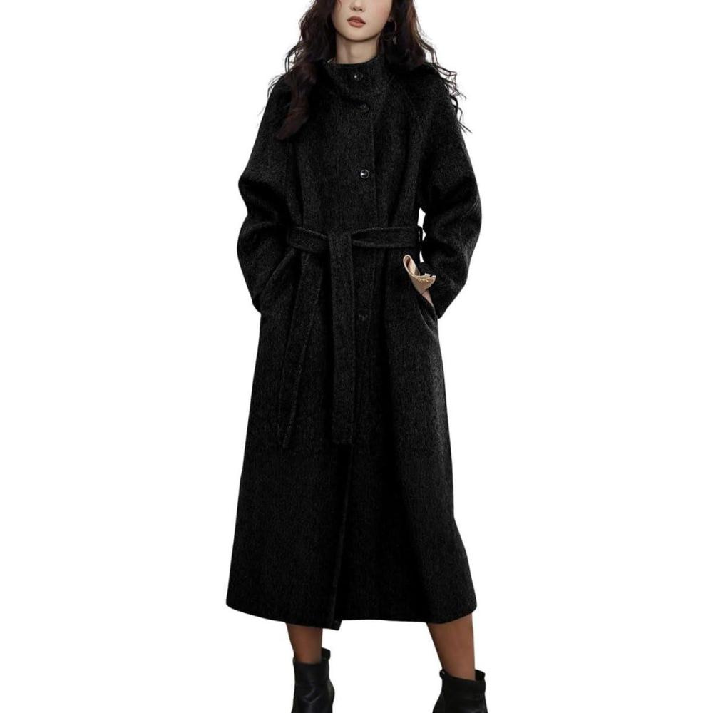 imagechouyatou Womens Stand Collar Midi Long Wool Coats Fall Winter Single Breasted Trench Coat PeacoatBlack