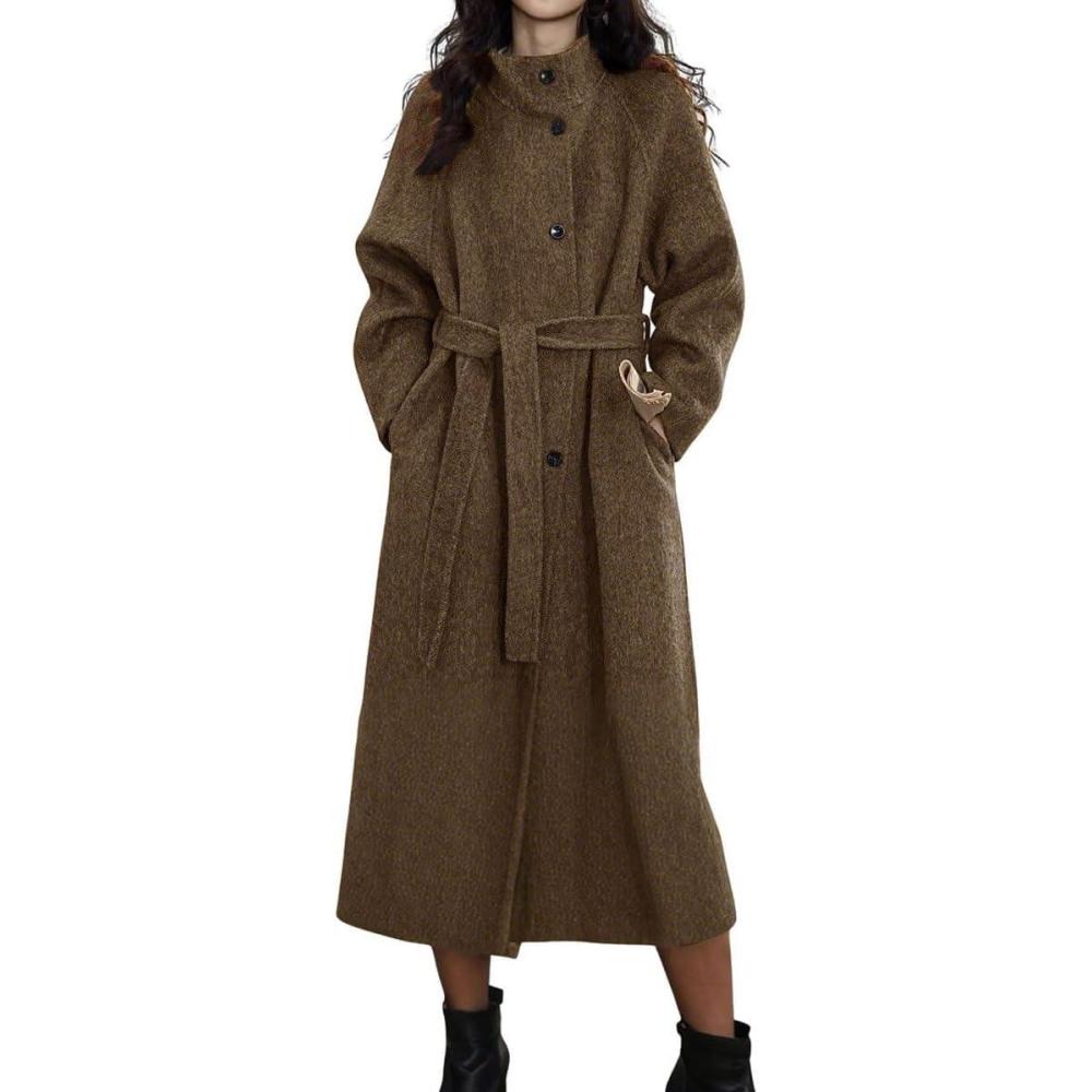 imagechouyatou Womens Stand Collar Midi Long Wool Coats Fall Winter Single Breasted Trench Coat PeacoatBrown