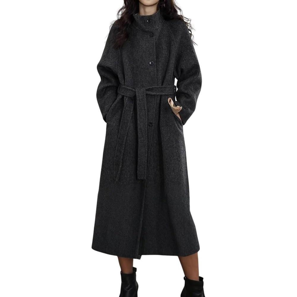 imagechouyatou Womens Stand Collar Midi Long Wool Coats Fall Winter Single Breasted Trench Coat PeacoatDark Grey