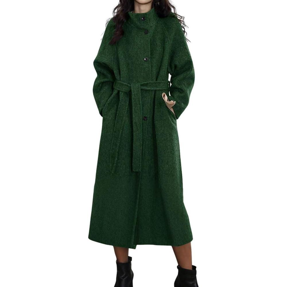 imagechouyatou Womens Stand Collar Midi Long Wool Coats Fall Winter Single Breasted Trench Coat PeacoatGreen