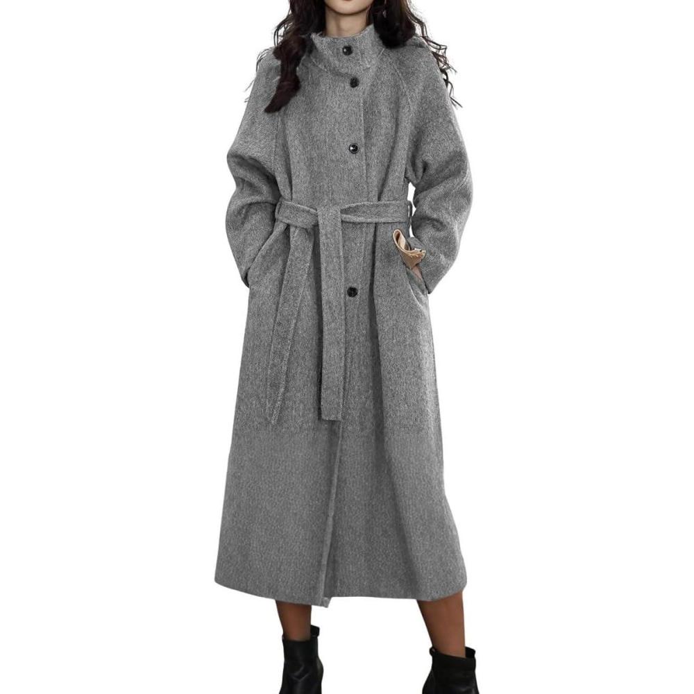 imagechouyatou Womens Stand Collar Midi Long Wool Coats Fall Winter Single Breasted Trench Coat PeacoatGrey