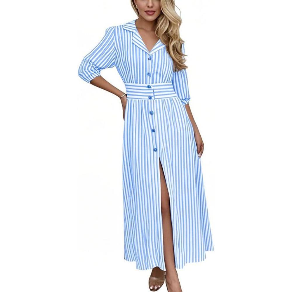imagechouyatou Womens Summer 34 Sleeve Striped Shirt Dress Elastic High Waisted Beach Maxi Long Button Down DressBlue