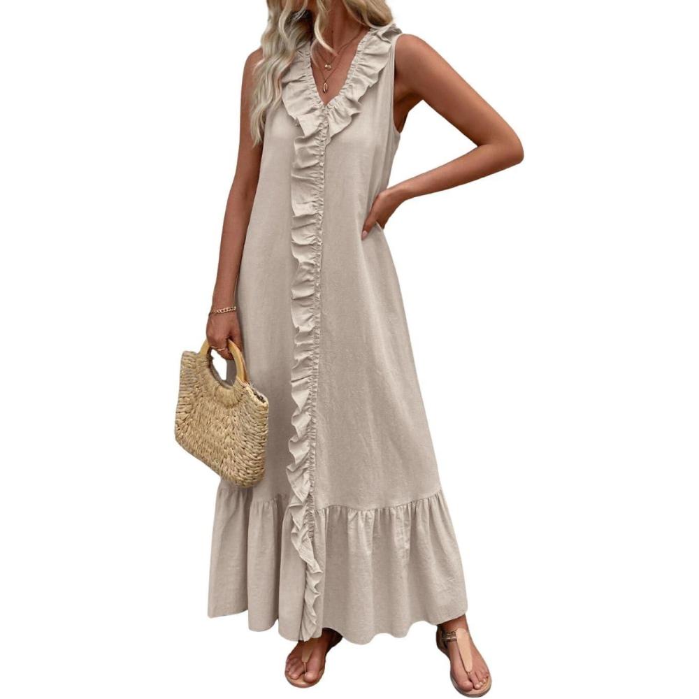 imagechouyatou Womens Summer Beach Cotton Tank Dress Linen Boho Sleeveless Tiered Ruffle Maxi Long SundressApricot