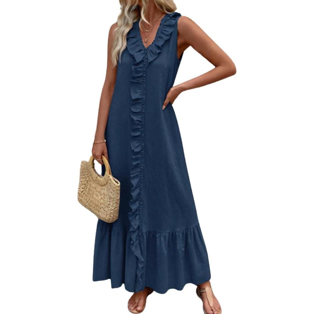imagechouyatou Womens Summer Beach Cotton Tank Dress Linen Boho Sleeveless Tiered Ruffle Maxi Long SundressDark Blue
