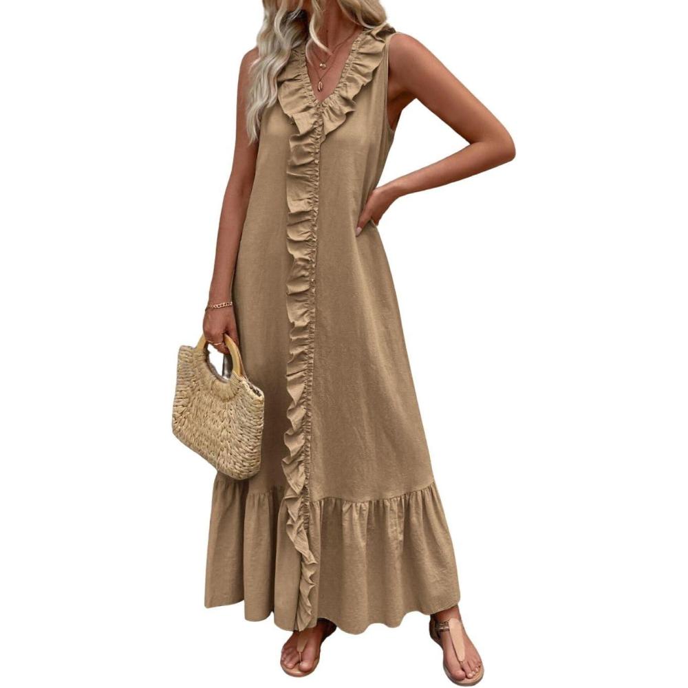 imagechouyatou Womens Summer Beach Cotton Tank Dress Linen Boho Sleeveless Tiered Ruffle Maxi Long SundressKhaki
