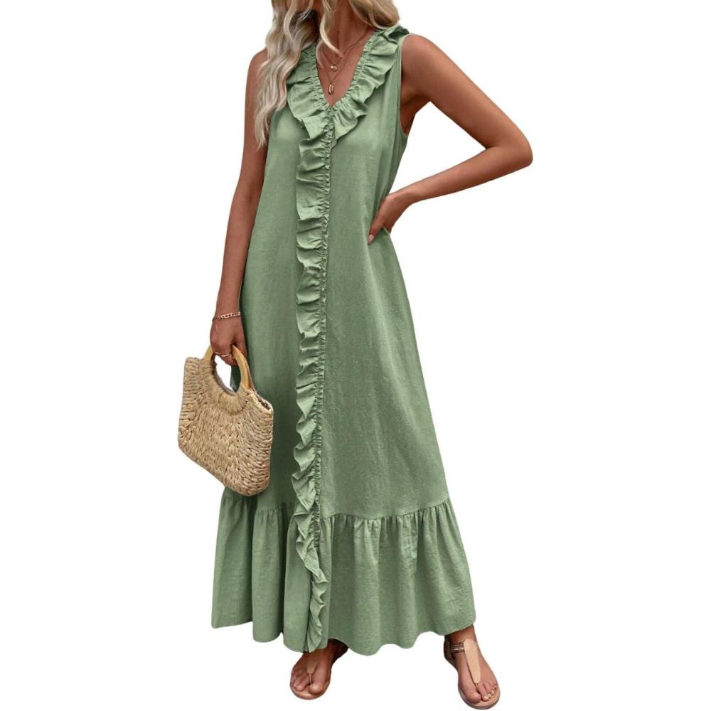 imagechouyatou Womens Summer Beach Cotton Tank Dress Linen Boho Sleeveless Tiered Ruffle Maxi Long SundressLight Green
