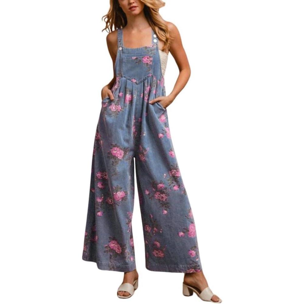 imagechouyatou Womens Summer Boho Floral Denim Bib Overalls Adjustable Strap Wide Leg Jumpsuits Jeans with PocketsDenim Blue