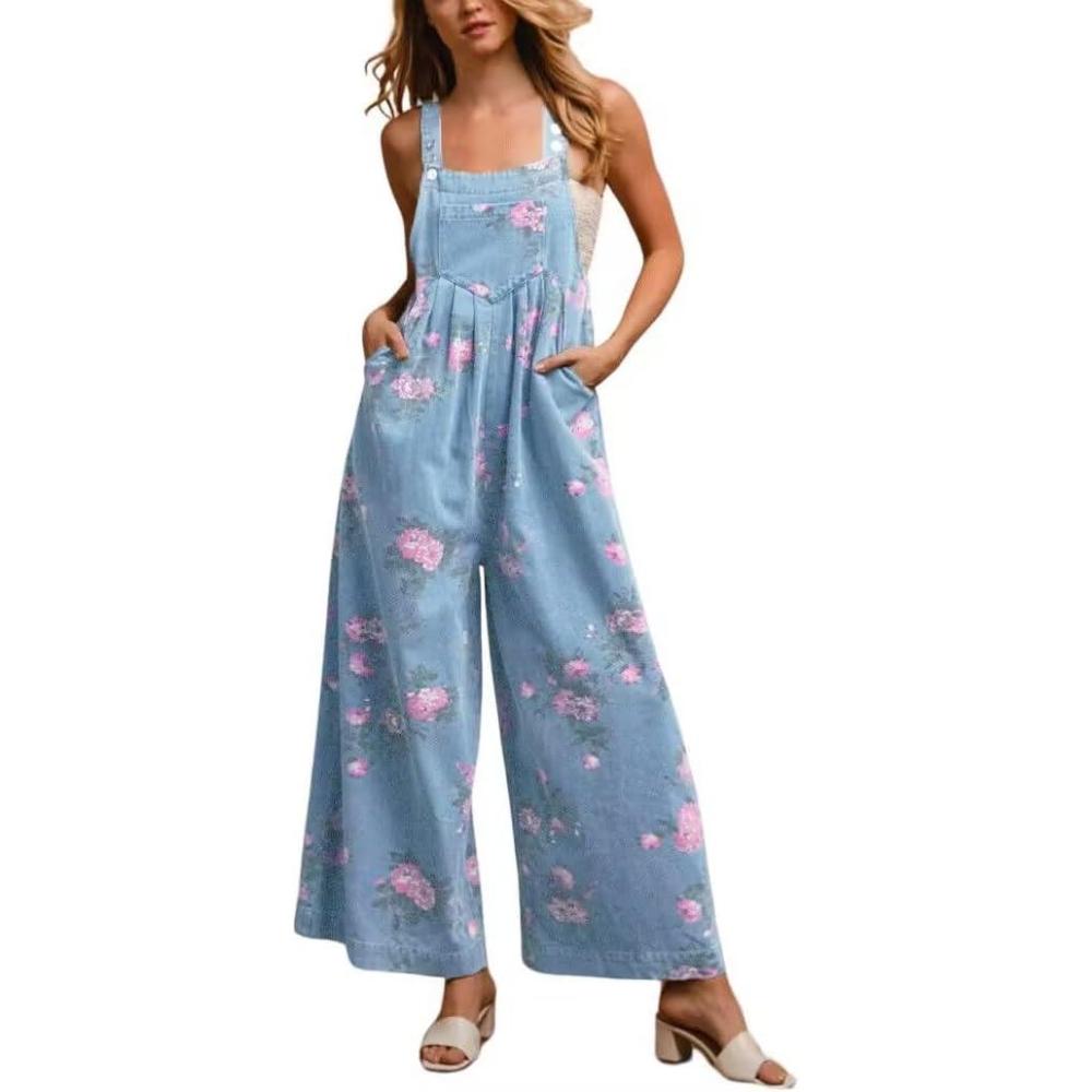 imagechouyatou Womens Summer Boho Floral Denim Bib Overalls Adjustable Strap Wide Leg Jumpsuits Jeans with PocketsLight Blue