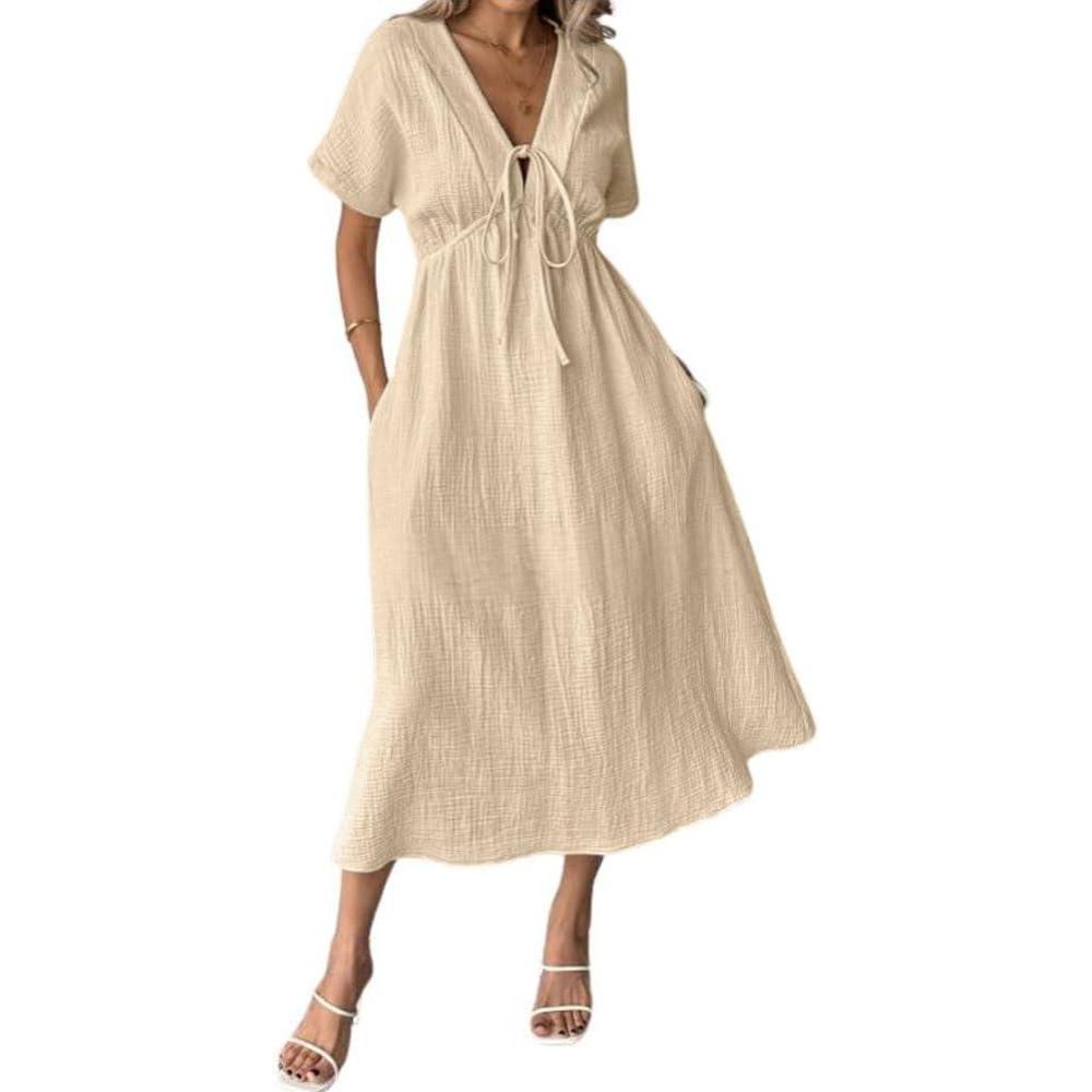 imagechouyatou Womens Summer Boho VNeck Cotton Tunic Dress Casual Loose Short Sleeve Midi Long Beach DressBeige