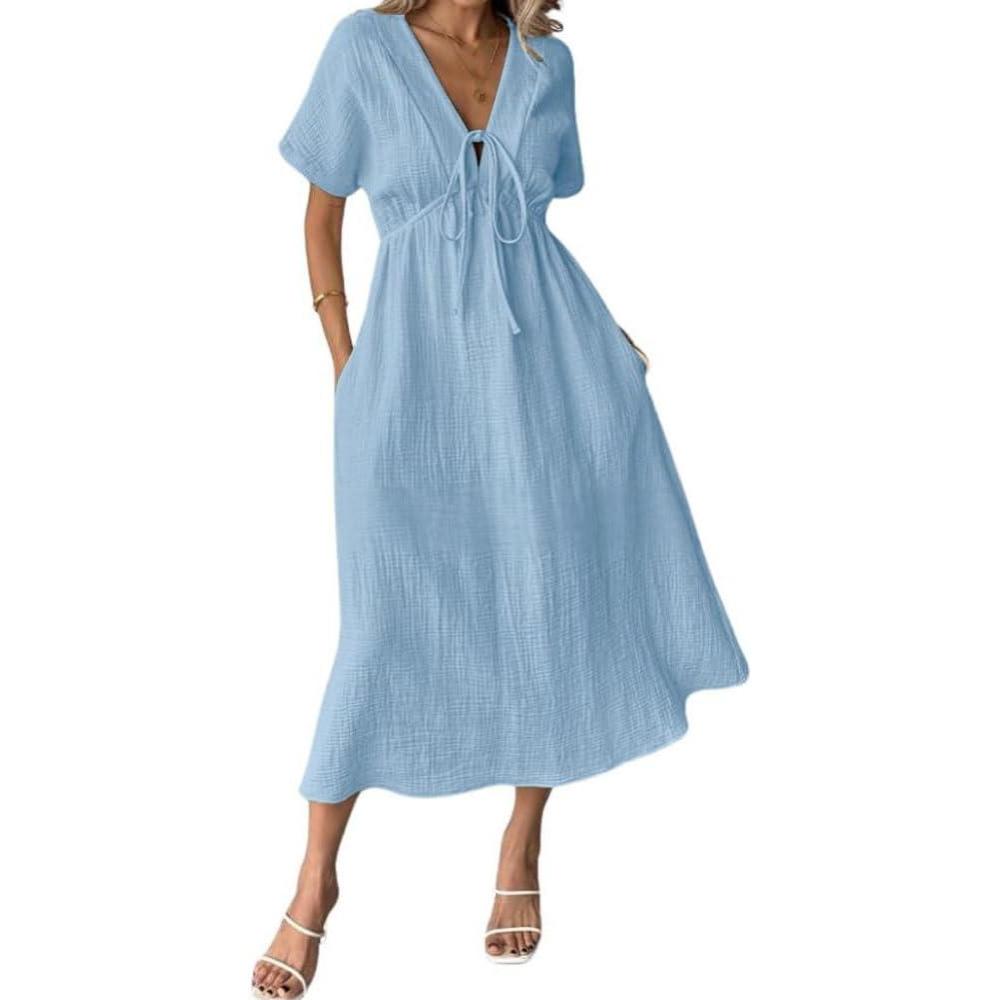 imagechouyatou Womens Summer Boho VNeck Cotton Tunic Dress Casual Loose Short Sleeve Midi Long Beach DressBlue